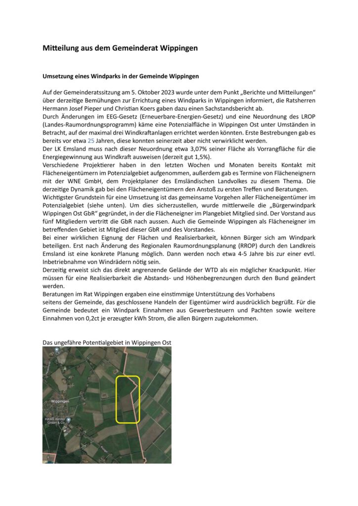 Mitteilung aus dem gemeinderat Wippingen zur Umsetzung eines Windparks in der Gemeinde Wippingen 12(2023