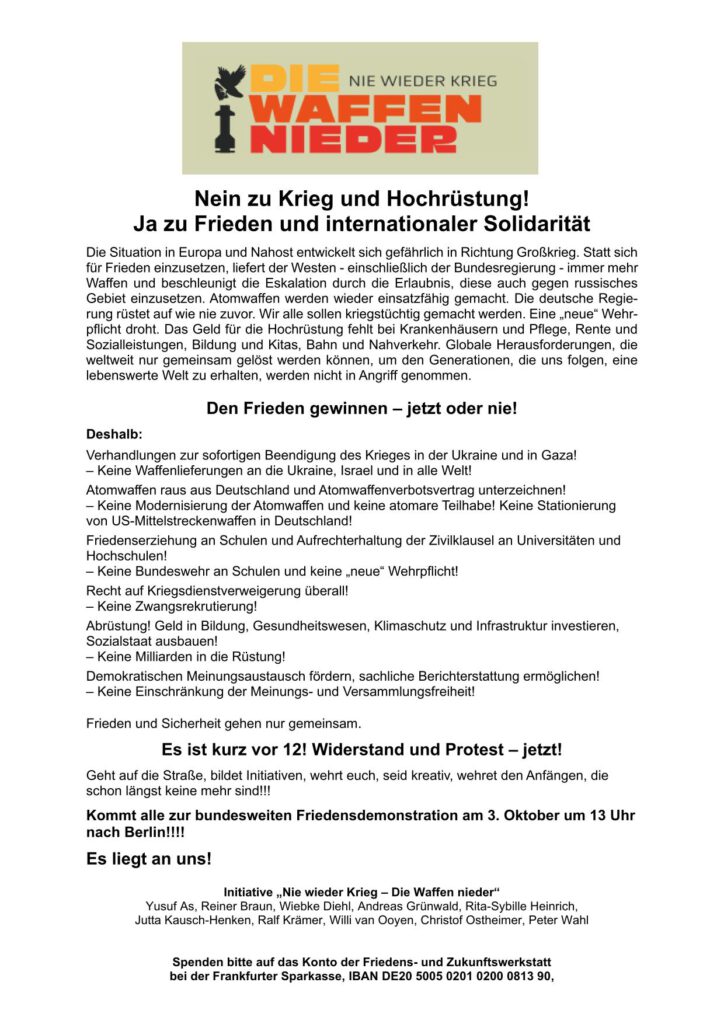 Aufruf zur Friedensdemo am 3. Oktober 2024