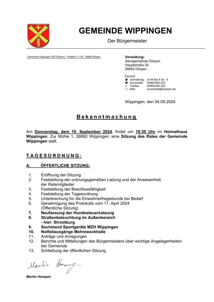 Einladung zur Gemeinderatssitzung am 19.09.2024